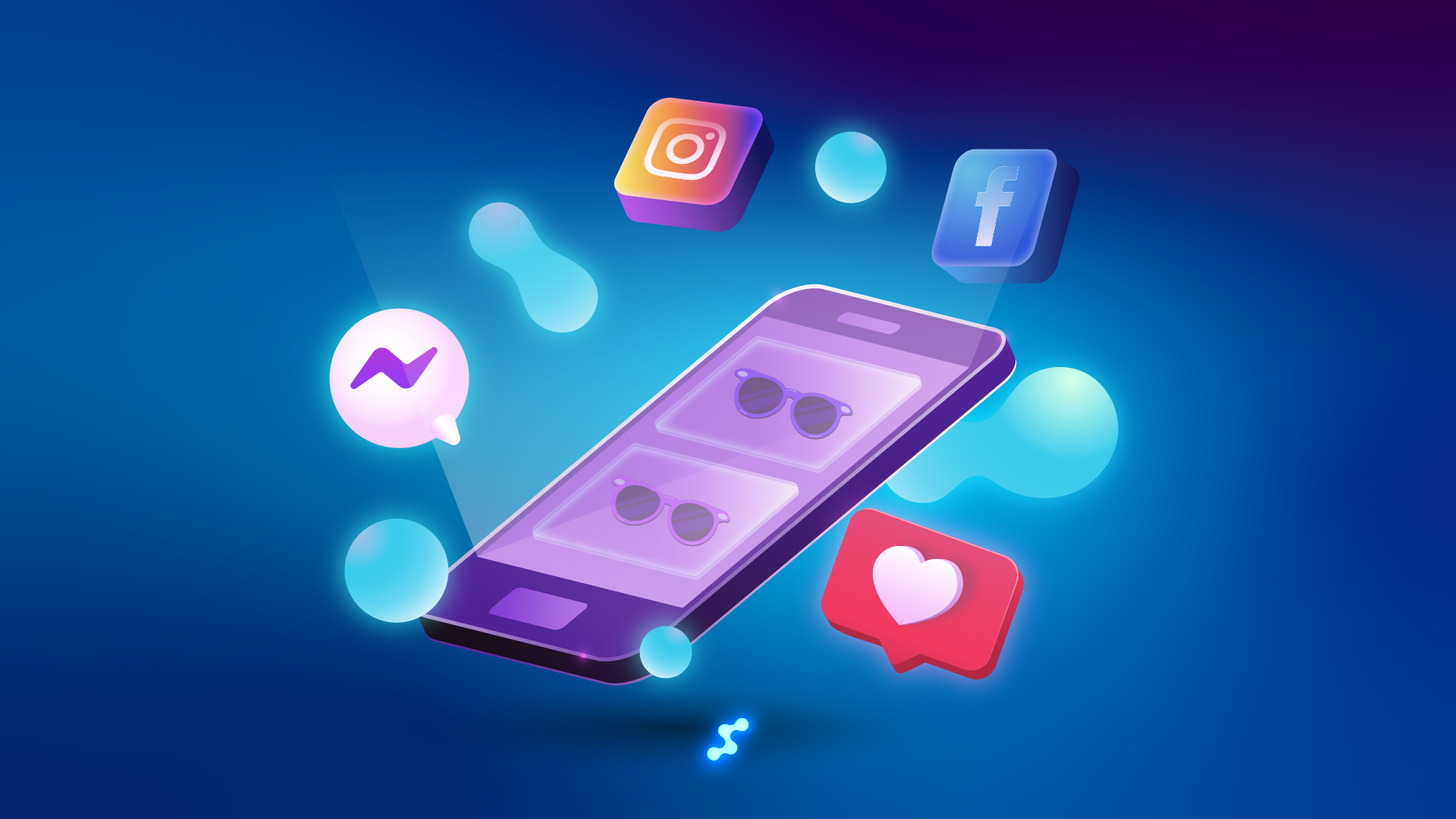 Internetowy sklep optyczny z okularami przeciwsłonecznymi, soczewkami kontaktowymi i soczewkami optycznymi, otoczony ikonami Facebooka, Twittera, Instagrama oraz symbolem polubienia, podkreślający interakcję i zaangażowanie klientów w cyfrowe zakupy optyczne.