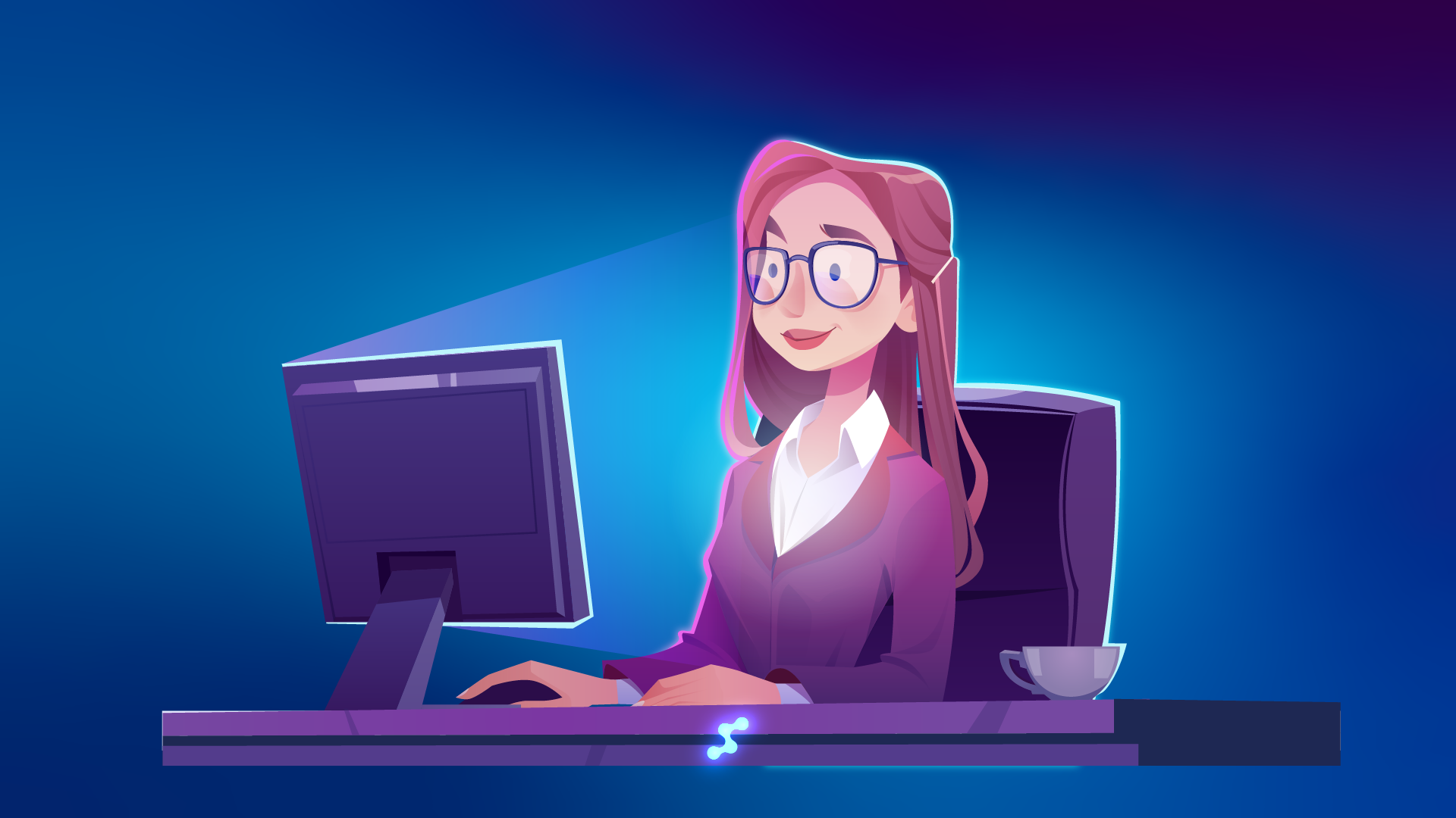 Kobieta w okularach z filtrem światła niebieskiego pisze blog o optyce, siedząc przed komputerem