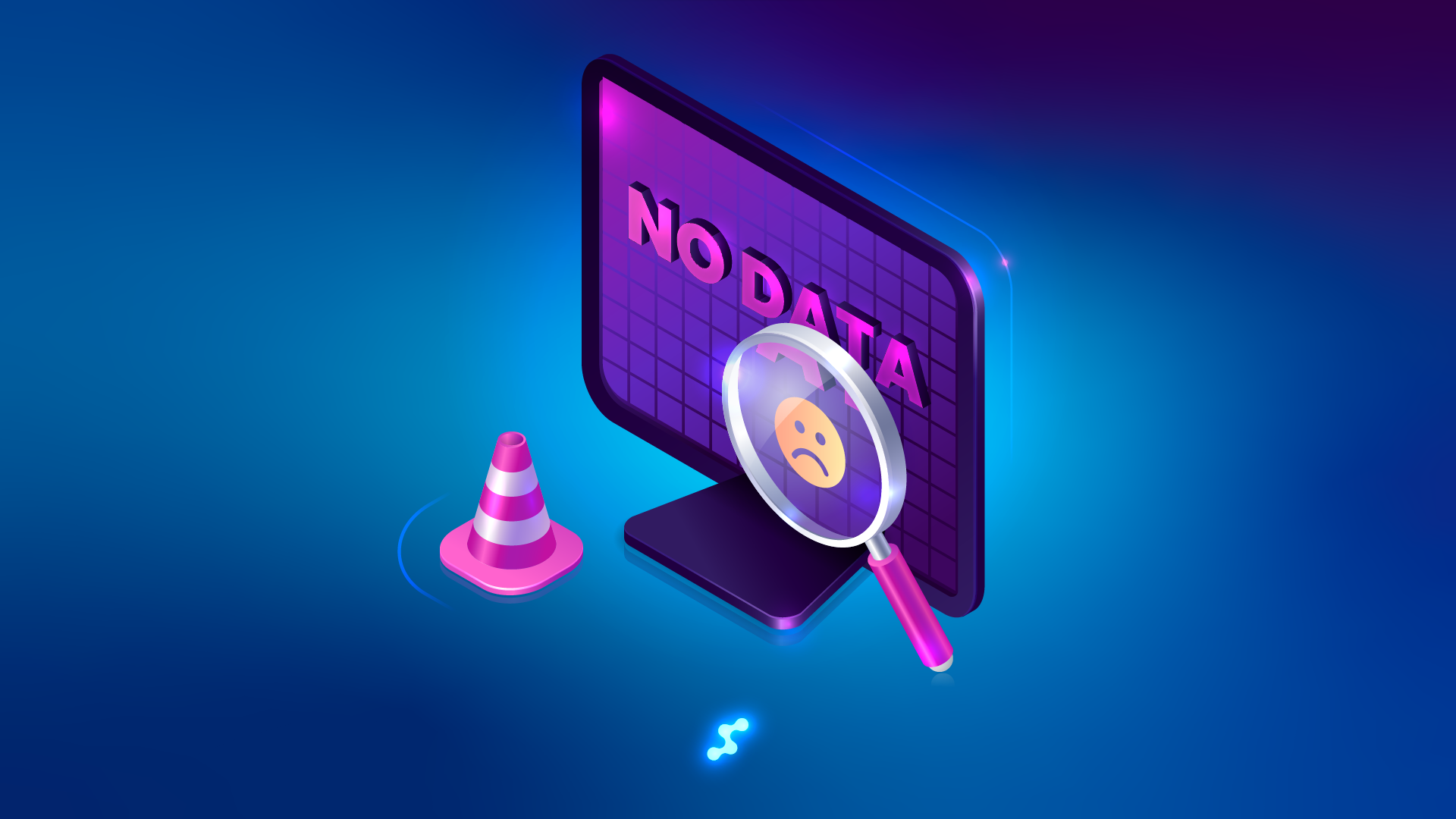 Izometryczna grafika cyfrowa obrazująca problem z odzyskiwaniem danych w technologii optycznej. Na ekranie z siatkowym wzorem widnieje komunikat „NO DATA”, a powiększona przez lupę smutna emotikona symbolizuje niepowodzenie w dostępie do informacji. Ostrzegawczy pachołek w różowo-białe pasy wzmacnia przekaz o zagubionych lub niedostępnych danych, nadając całości futurystyczny, cybernetyczny charakter.