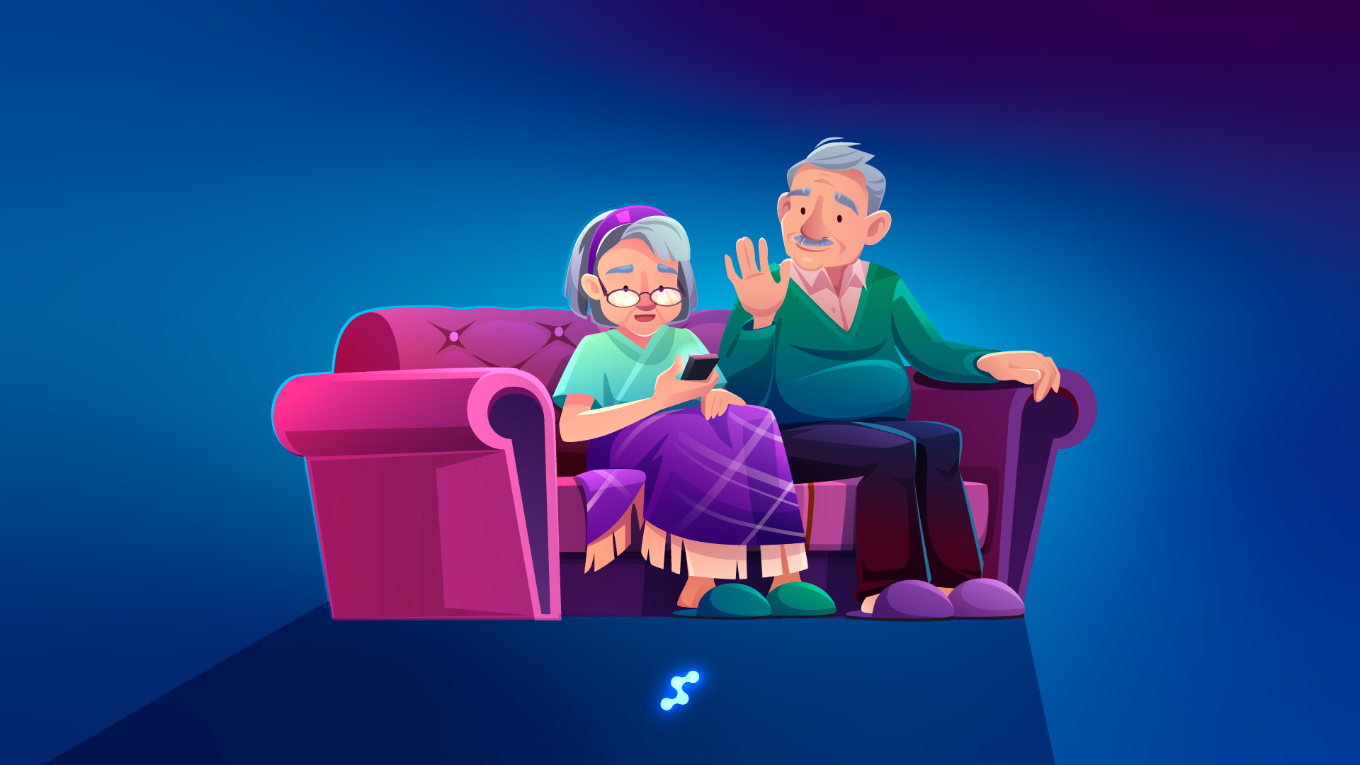 Seniorzy korzystający z technologii cyfrowej – ilustracja idealna do treści o zintegrowanej opiece wzrokowej i słuchowej dla osób starszych.