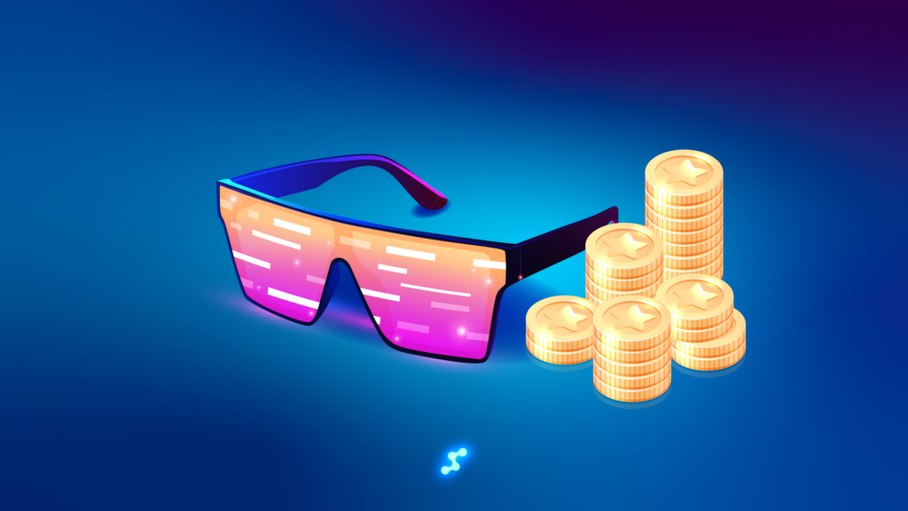 Futurystyczne inteligentne okulary z monetami symbolizującymi gospodarkę cyfrową